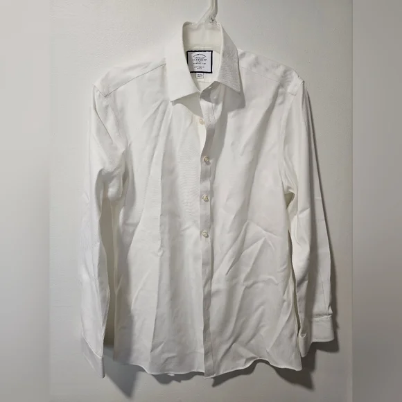 charles tyrwhitt white dress shirt Men's Non-Iron Twill free mornings White Solid Long Sleeve Button